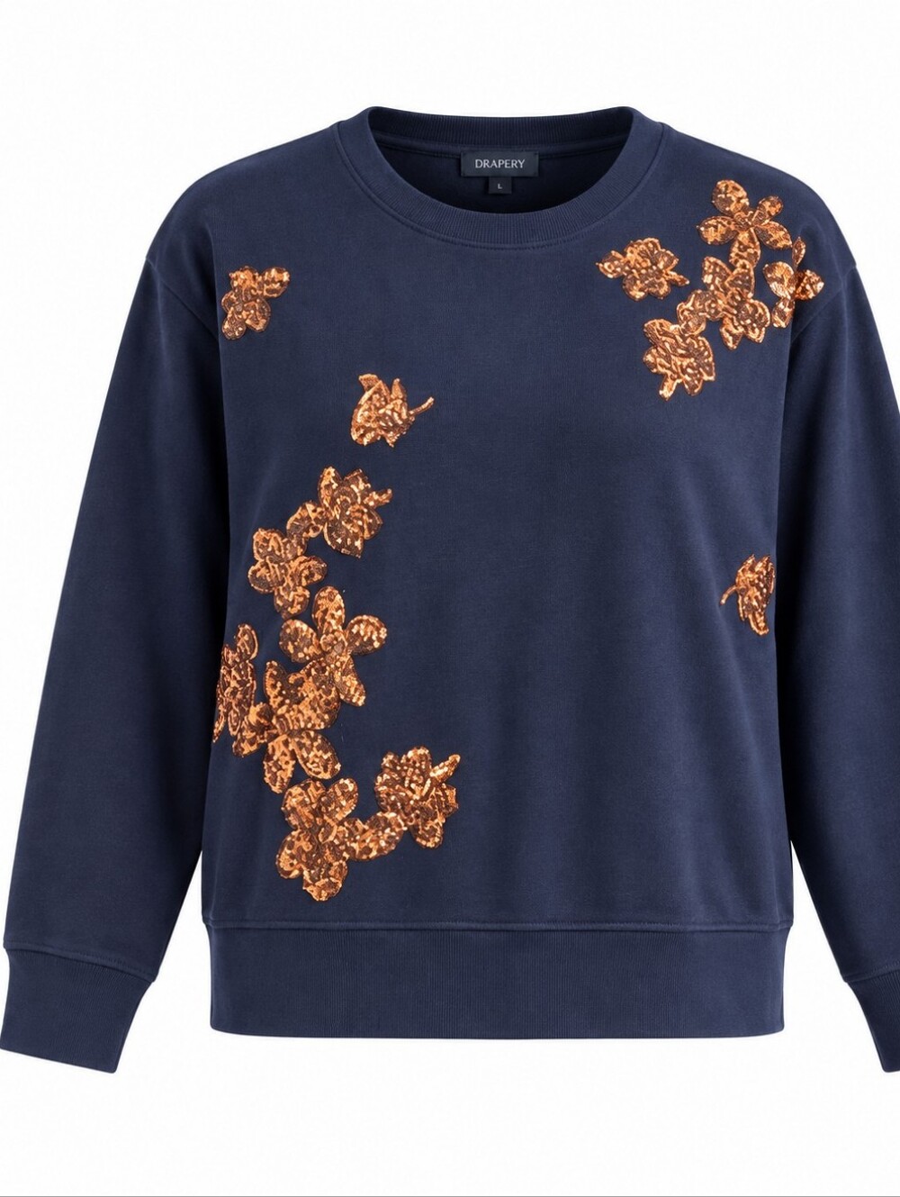 J.CREW | Navy Blue Metallic Copper Sequin Floral Boxy Cotton Sweatshirt | L